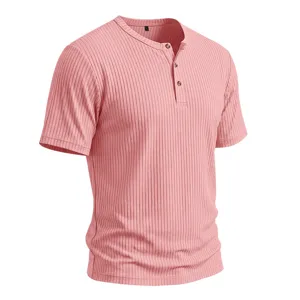 Men's short sleeve casual henley t-shirt, ribbed knit slim fit summer top for men.