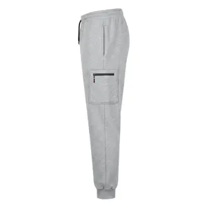Detail view of men grey cargo sweatpants, featuring cuffed hems, elastic drawstring waist.