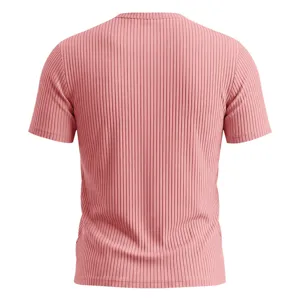 Men's short sleeve ribbed henley t-shirt back view detail shot, casual pink summer top.