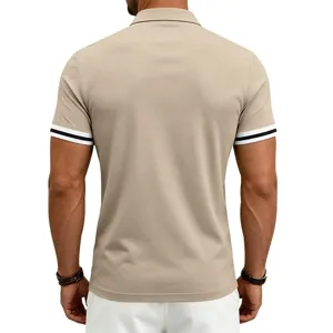 Men's casual short sleeve polo shirt in beige with color-block striped cuffs. Detail view.