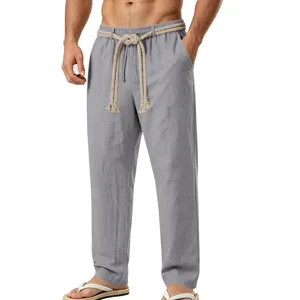 Pantalón de lino para hombre corte recto con cordón ajustable verano transpirable.