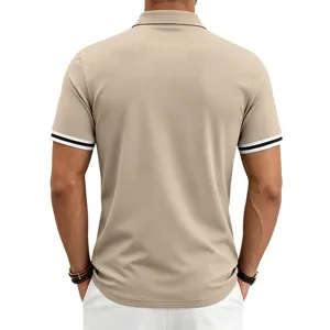 Men's casual contrast color short sleeve polo shirt, detail view of back design.
