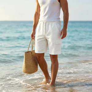 Men's summer casual grid cargo shorts outdoor beach holiday loose large size pocket apparel
