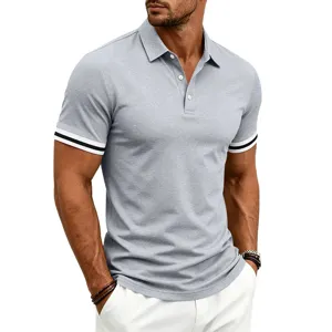 Men's casual short sleeve polo shirt with contrast striped cuffs, comfortable summer top.