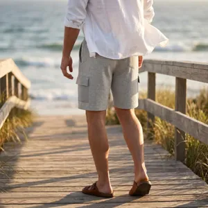 Men's casual gray grid cargo shorts detail shot, comfortable outdoor summer vacation style.