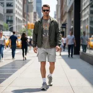 Detail view of men's summer casual cargo shorts with grid pattern and multiple pockets.