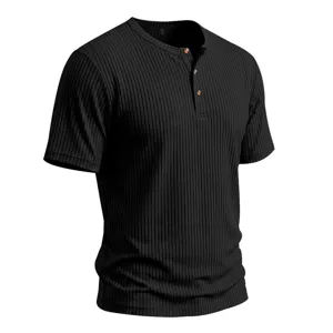 Men's casual summer solid short sleeve henley shirt ribbed knit slim fit basic top