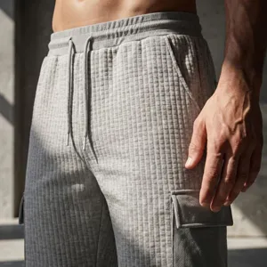 Mens grey waffle textured cargo shorts detail view casual outdoor sportswear apparel