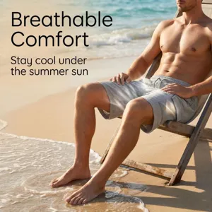 Detail view of men's casual textured grid shorts, comfortable beach vacation wear on sunny days.