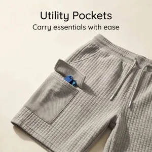 Grey waffle knit casual shorts utility side pocket detail view summer mens apparel