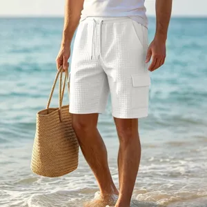 Men's white casual cargo shorts with grid texture, ideal for summer beach and outdoor wear.