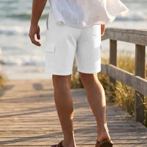 Waffle texture cargo shorts detail, casual beach vacation style, comfortable fit for summer wear.