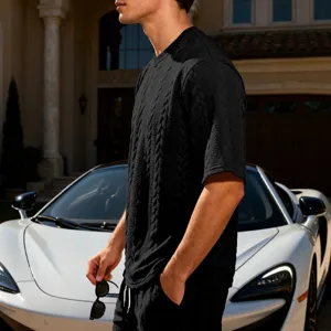 Men's stylish black textured cable knit short sleeve t-shirt casual streetwear top.