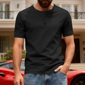 Detail view of a stylish black short-sleeve Henley shirt with button placket for men.