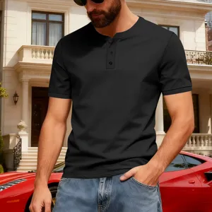 Men's casual short sleeve button henley shirt, stylish slim fit basic solid tee for summer.