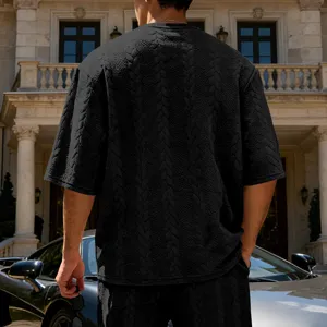 Men's Casual Oversized Jacquard Knit Short Sleeve T-Shirt High Street Fashion Topwear