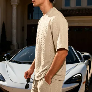 Men's casual oversized knit short sleeve t-shirt and shorts set, premium textured.