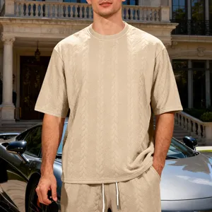 Men's casual streetwear oversized jacquard knit crewneck short sleeve t-shirt and shorts set.