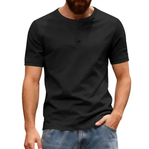 Men casual short sleeve Henley shirt with button placket detail in classic black color.
