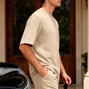 Men casual high street jacquard knit short sleeve t-shirt and shorts beige matching set