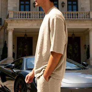 Men's casual streetwear jacquard knit short sleeve t-shirt and shorts set, oversize fit.