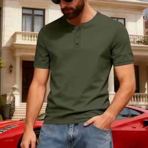 Men's olive green short sleeve Henley t-shirt featuring button placket, classic casual style.