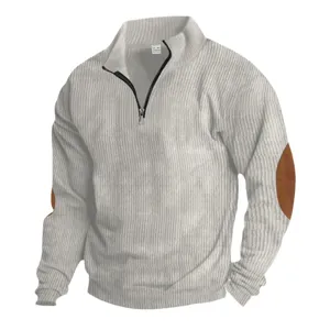 Men's casual solid color half-zip corduroy stand collar long sleeve sweatshirt with elbow patches.
