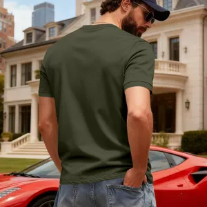 Back view detail of men casual olive green short sleeve henley shirt in luxury lifestyle.