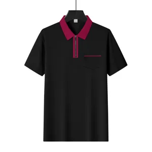 Men's short sleeve polo shirt color block contrast lapel zipper pocket casual summer top