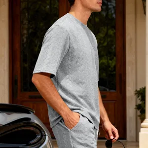 Men's heavy jacquard knit crew neck short sleeve t-shirt and shorts casual top detail