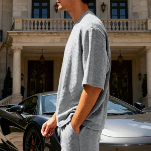 Men's grey cable knit short sleeve t-shirt, casual streetwear oversize pullover top.
