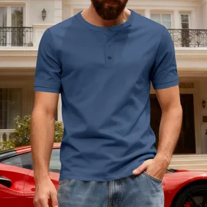 Close-up view of a men casual blue short sleeve Henley shirt with button placket detail.