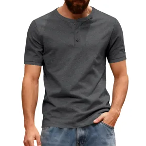 Men's Casual Short Sleeve Henley Shirt Dark Grey Basic Summer Tee Top Comfortable Fit