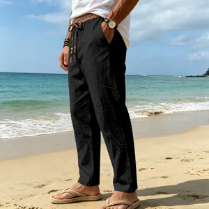 Men casual beach linen trousers loose fit straight leg vacation breathable summer daily wear bottom