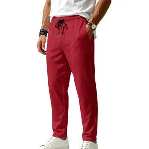 Men's red quick-dry casual pants, breathable athletic jogger trousers for summer outdoor.