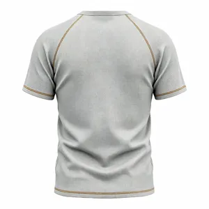 Back view detail of men's waffle knit short sleeve t-shirt with contrast raglan stitching.