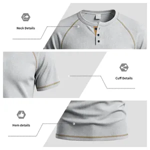 Men's waffle knit short sleeve Henley t-shirt featuring contrast raglan sleeve and neck details.
