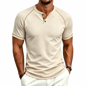 Men's waffle knit short sleeve Henley t-shirt with raglan contrast stitching summer casual top