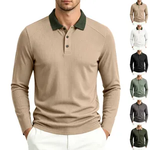 Men's Casual Long Sleeve Polo Shirt Contrast Color Lapel Loose Fit Breathable Business Knit Pullover Top