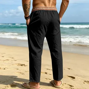 Men Casual Beach Linen Trousers Ethnic Waistband Loose Straight Pants Vacation Wear