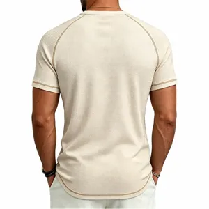 Back detail of men's breathable waffle knit short sleeve t-shirt with contrast stitching.
