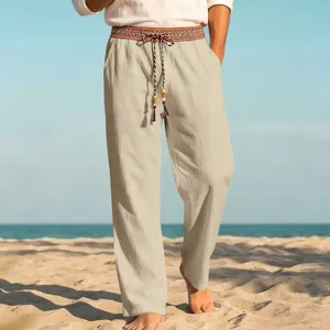 Mens Casual Linen Beach Pants Drawstring Ethnic Style Loose Straight Trousers Vacation