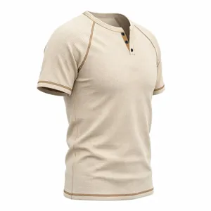 Men's summer waffle knit short sleeve Henley t-shirt, raglan sleeves, casual breathable top.