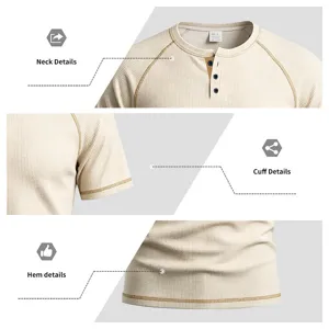 Men's waffle knit henley short sleeve t-shirt casual summer contrast stitching top
