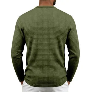 Chemise henley à manches longues et gaufre verte pour homme, haut pull rétro décontracté.