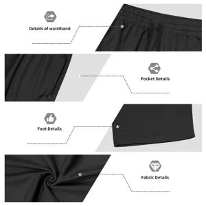 Detailed view of men's athletic shorts featuring breathable mesh fabric, elastic waistband and pockets.