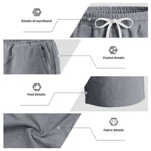 Detalles en primer plano de los pantalones cortos casuales de lino gris con bolsillos.