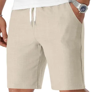Pantalones cortos de playa de verano casuales de lino beige para hombre con cordón.