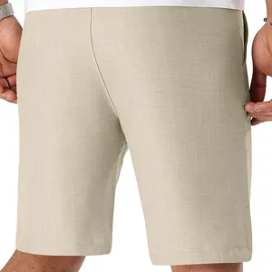 Vista detalle de shorts casuales textura lino hombre, estilo playa verano transpirable.