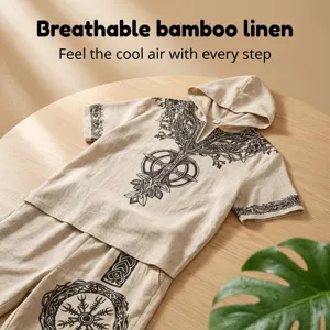 Men's bamboo linen Viking tree of life hooded short sleeve set detailed view, breathable.